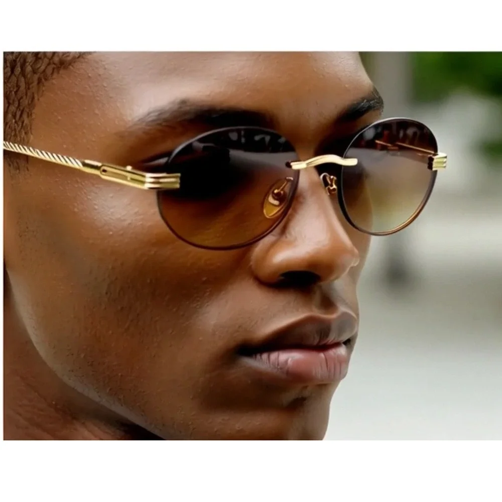 Men Rimless Brown‎ Lens Sunglasses Small Gold Shades Male Round Minimalist Gafas